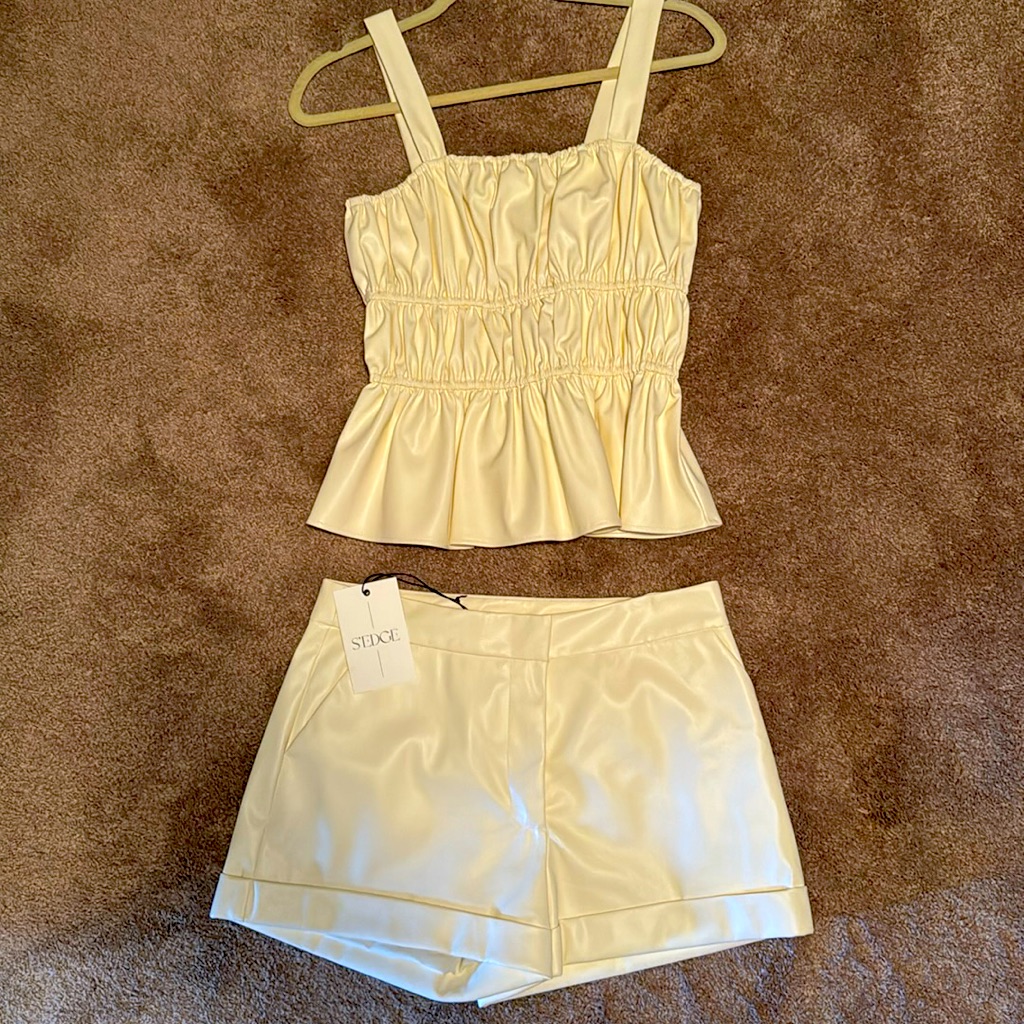 Cream Faux Leather Shorts Set With Tank